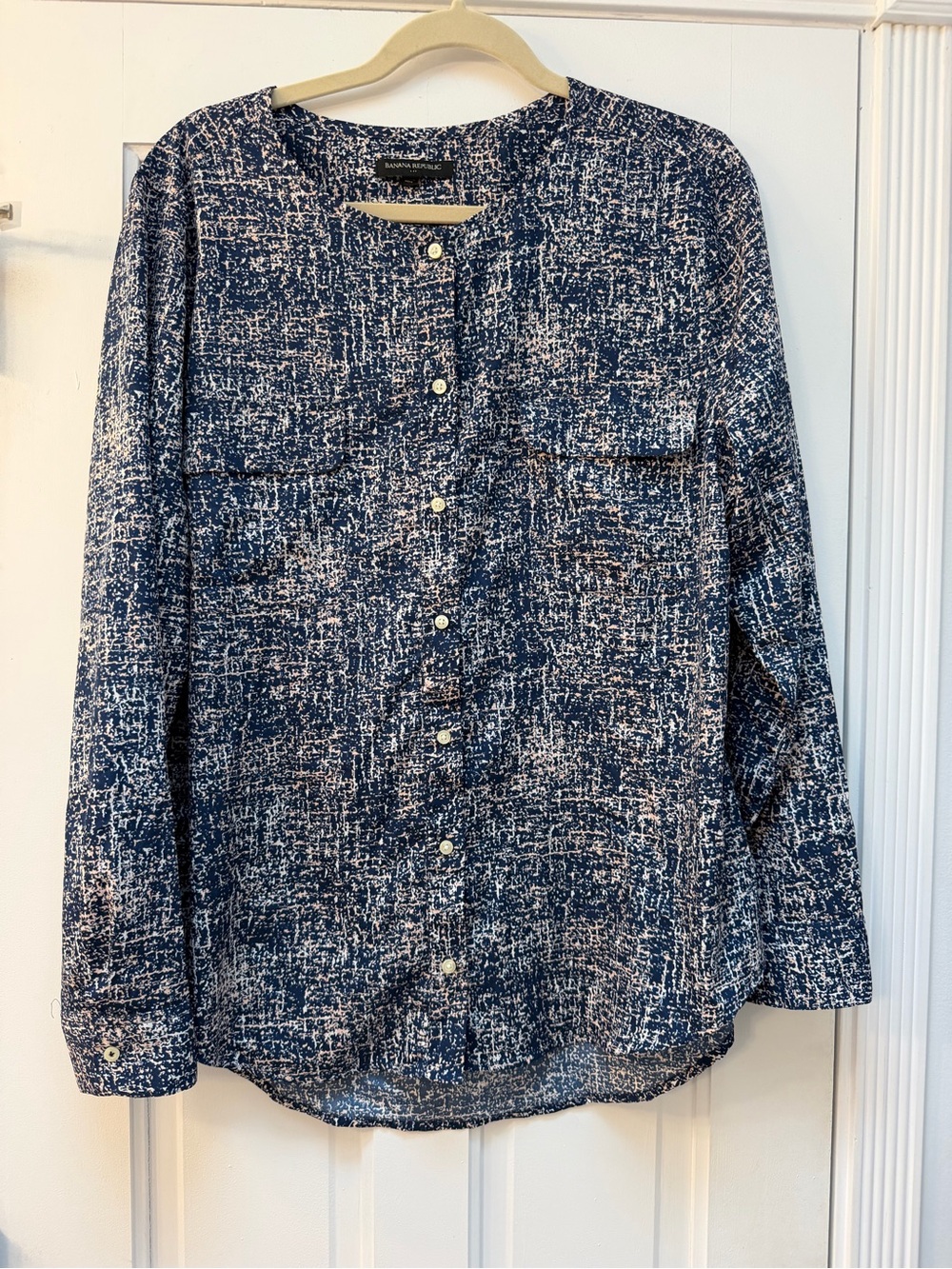 Banana Republic Navy, pink and White Abstract-Print Button Front Blouse
